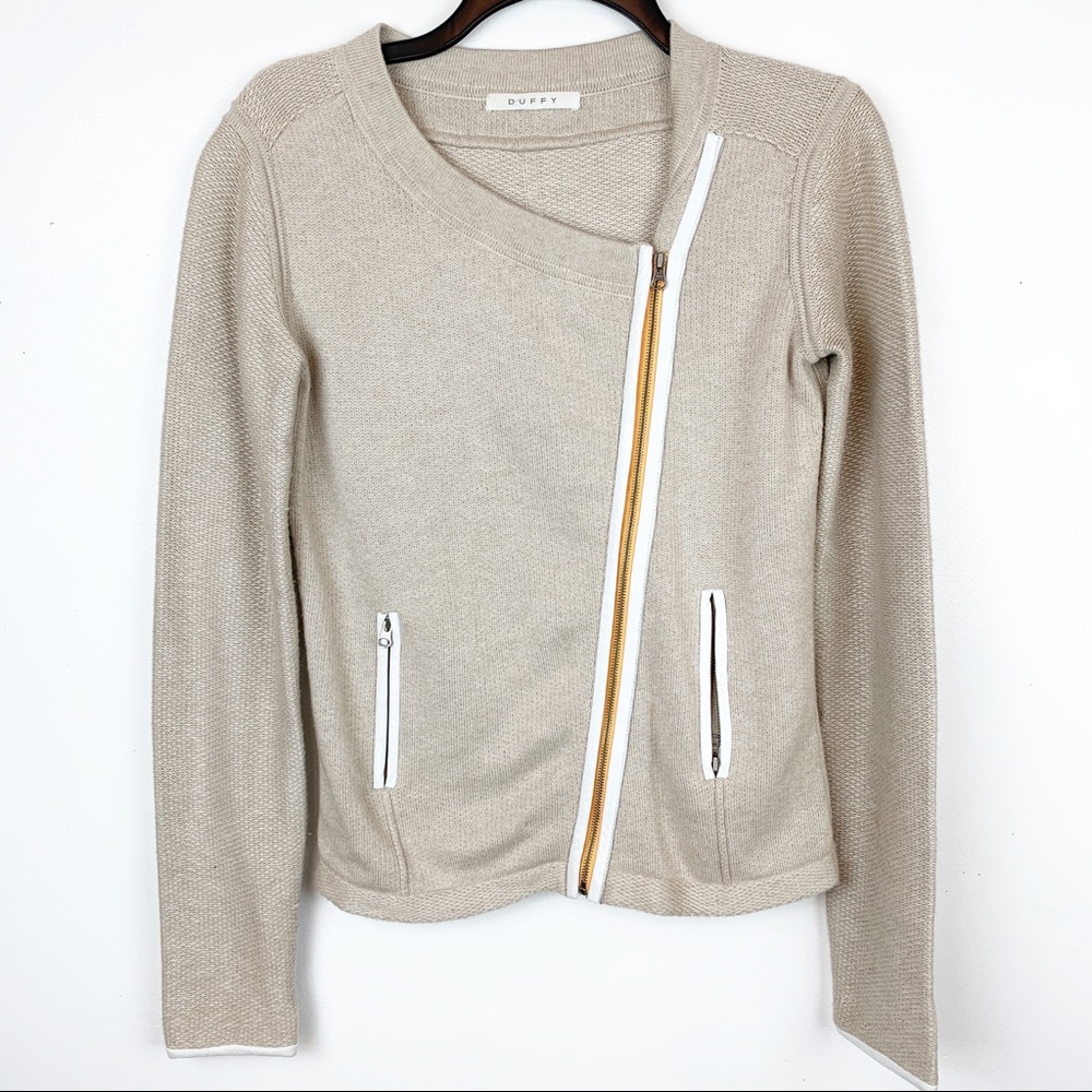 DUFFY ZIP UP CARDIGAN TAN W/ WHITE LEATHER ACCENT
